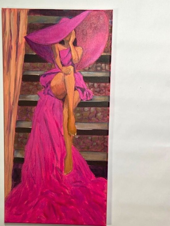Artisan Other - Pink Dancer Lady in Pink Hat Canvas Art Original Acrylic Fashion Wall Art